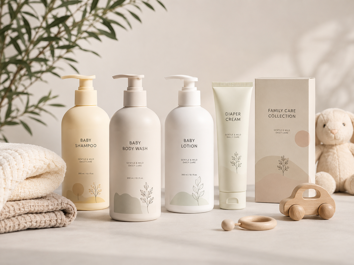 Baby and kids shampoo, body wash, lotion, diaper cream and family-care packaging.