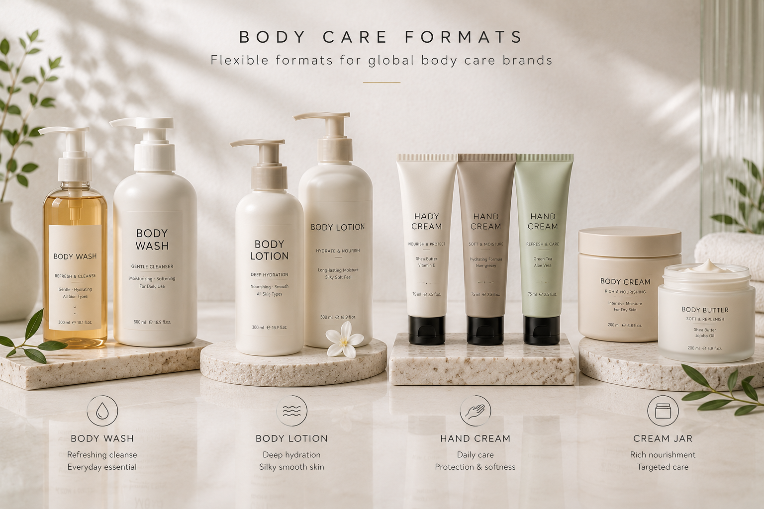 Body wash, lotion, hand cream and jar packaging formats for private label body care.
