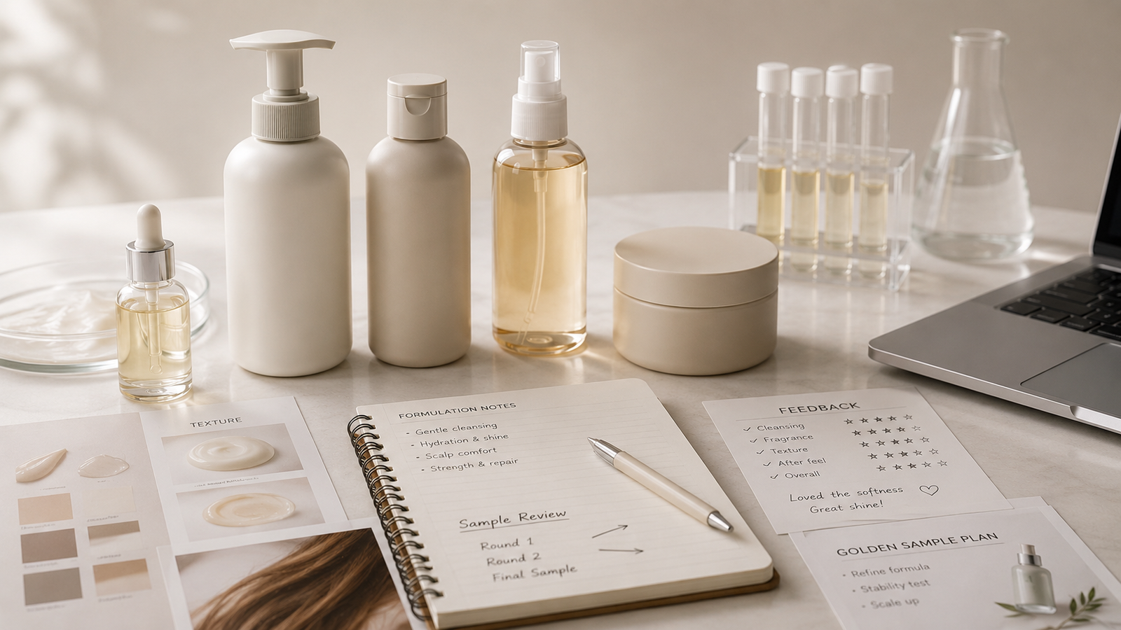 Sample review and formulation planning for private label hair care products.