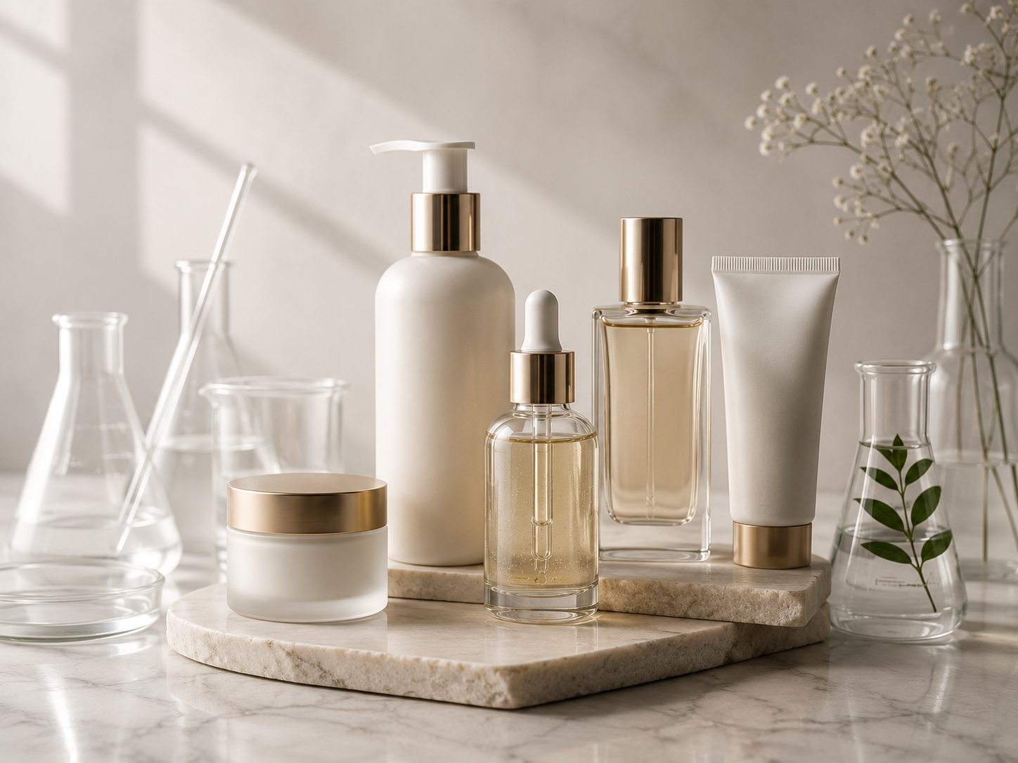 Beauty packaging bottles and jars arranged for private-label review