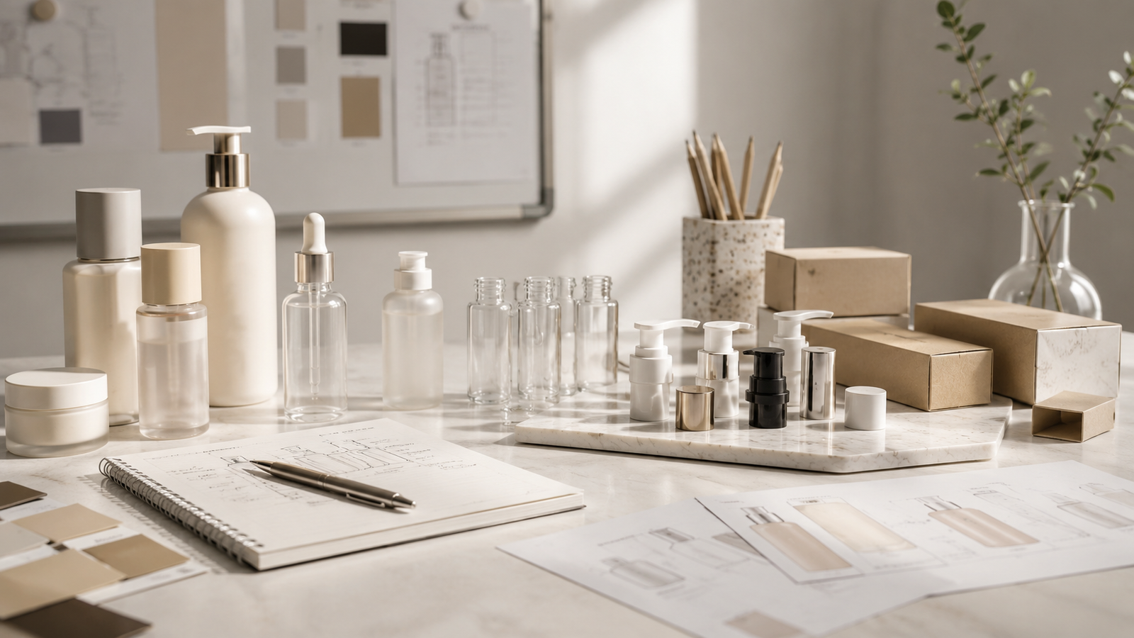 Product samples and packaging references arranged for project planning