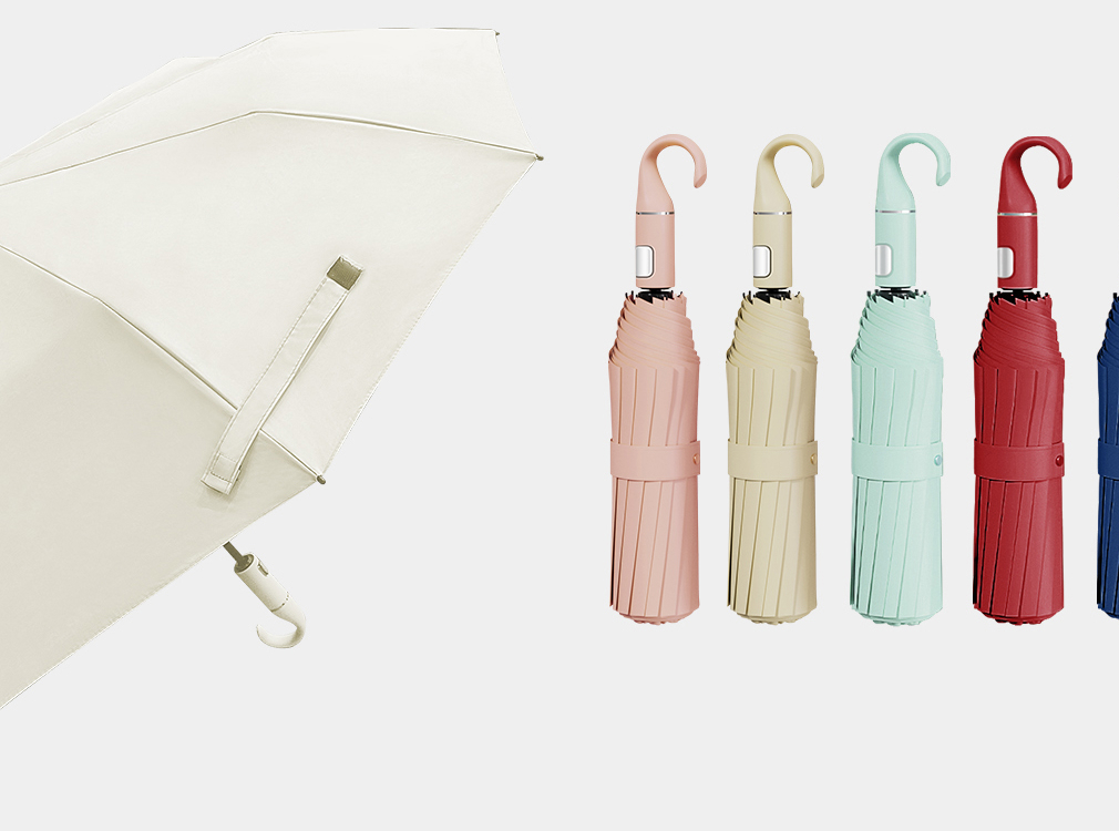 Hook-handle folding umbrella shown open and folded