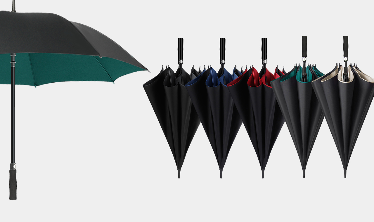 Large double-layer golf umbrella shown open and folded