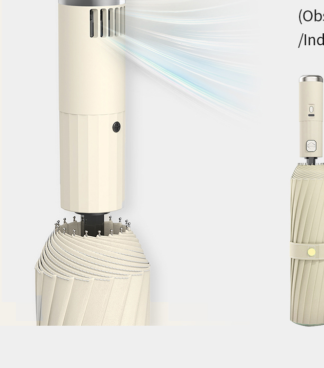 Fan Umbrella shown folded with handle fan visible